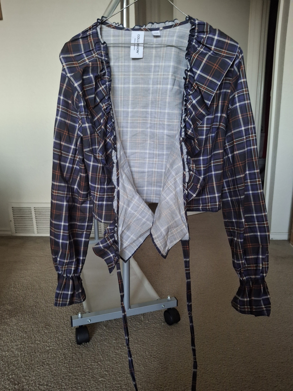 Collection Plaid Ruffle-Trim Blouse - Navy/Orange